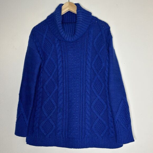 Lands' End Wool Blend Chunky Cable Knit Sweater Women's Small Blue Turtleneck - Picture 1 of 13